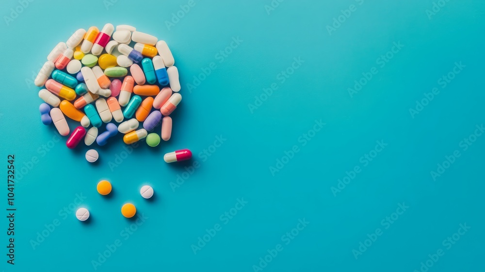 Top View of Colorful Pills and Tablets Arranged in the Shape of a Brain on a Blue Background, Representing Medical and Health Concepts of Mental Health, Medication, and Neuroscience Top View of Colorful Pills and Tablets Arranged in the Shape of a Brain on a Blue Background, Representing Medical and Health Concepts of Mental Health, Medication, and Neuroscience