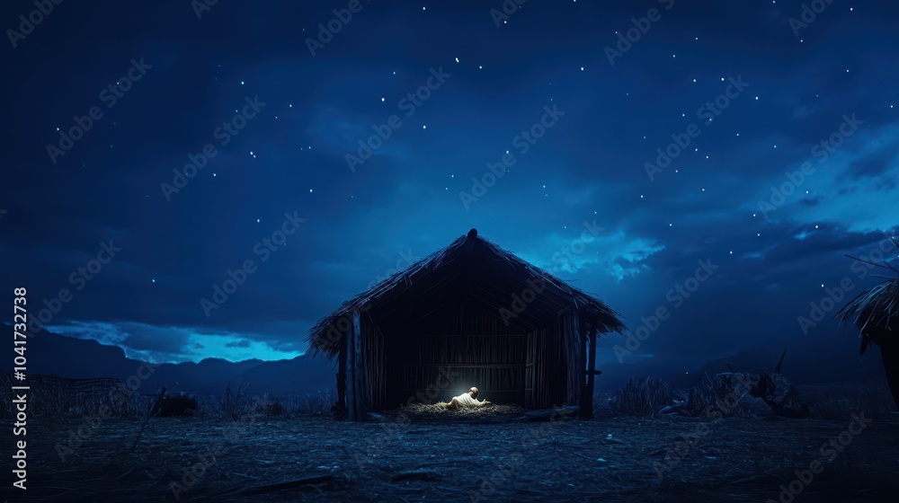 Nativity scene depicting the birth of Jesus Christ in a wooden manger, set against a dark blue night, suitable for banners and headers, with copy space, captured using a DSLR camera. Nativity scene depicting the birth of Jesus Christ in a wooden manger, set against a dark blue night, suitable for banners and headers, with copy space, captured using a DSLR camera.