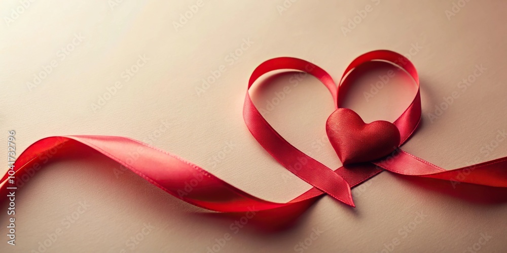 Red ribbon and heart symbol on soft colored background Red ribbon and heart symbol on soft colored background
