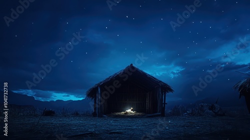 Nativity scene depicting the birth of Jesus Christ in a wooden manger, set against a dark blue night, suitable for banners and headers, with copy space, captured using a DSLR camera.