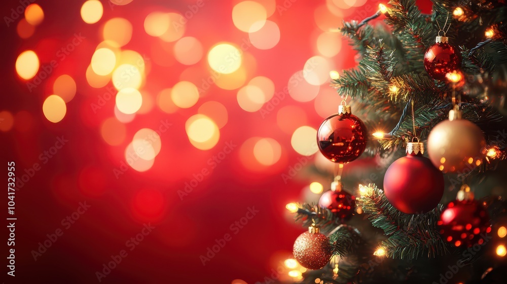 Christmas tree with ornaments and bokeh lights set against a red background, creating a warm and vibrant holiday scene, captured using a DSLR camera.