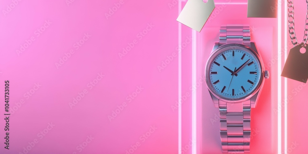 Stylish watch on display with vibrant pink background and tags. Stylish watch on display with vibrant pink background and tags.