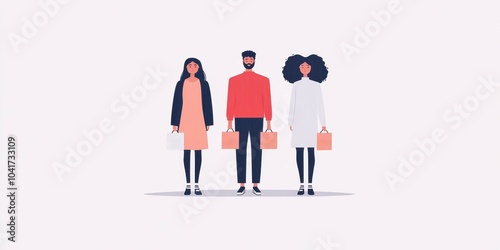 Three diverse individuals standing with shopping bags on a white background.