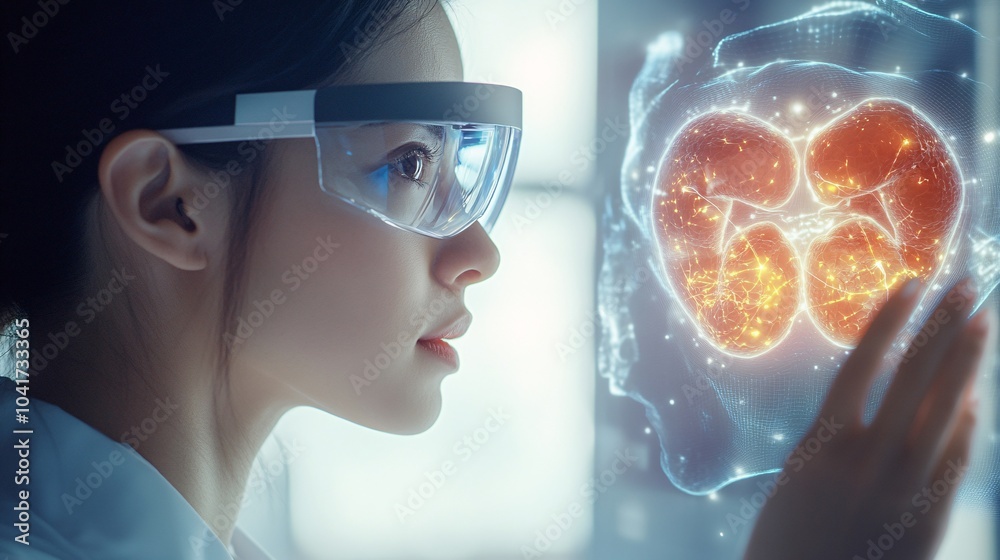 Female Scientist Using Augmented Reality Glasses to Study Digital Brain Model Female Scientist Using Augmented Reality Glasses to Study Digital Brain Model