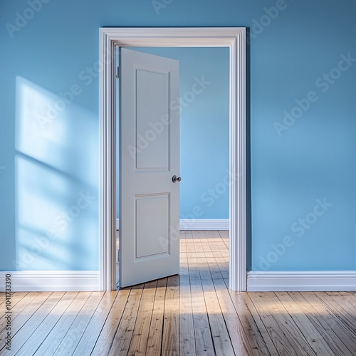 A open door in an empty room with blue walls