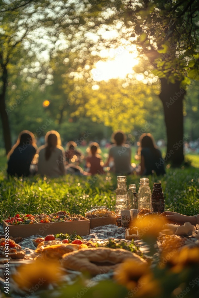 Fototapeta premium Many people sitting in the grass eating pizza, family having a picnic in the park