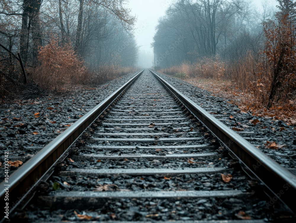 A misty morning on abandoned railway tracks surrounded by autumn foliage A misty morning on abandoned railway tracks surrounded by autumn foliage