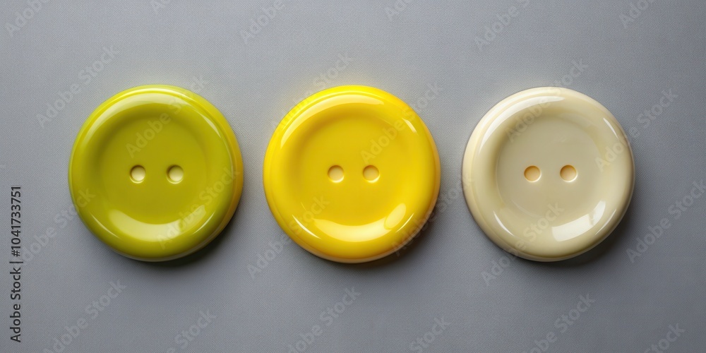 © InspireStock Gallery - A row of three shiny buttons in various colors of yellow, green, and beige on a gray background