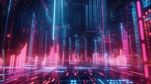 Wallpaper Mural Futuristic Digital Landscape with Neon Lights and Data Torontodigital.ca