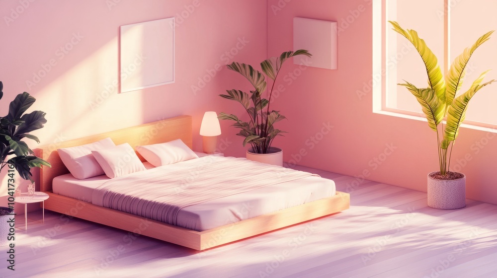 Isometric cutaway of a sleek bedroom and living area, blending potted plants and wooden elements in Scandinavian style.