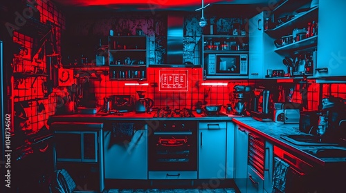 Photograph of a modern high tech kitchen featuring futuristic holographic displays that provide step by step instructions for baking and other culinary processes The sleek