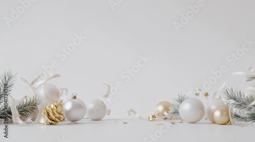 Christmas white background with balls and festive decorations, creating a bright and cheerful holiday display, captured using an SLR camera.