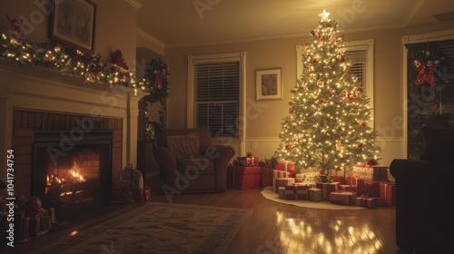 Christmas interior featuring a glowing tree, warm fireplace, and wrapped gifts in a dimly lit room, creating a cozy festive ambiance, captured using an SLR camera.