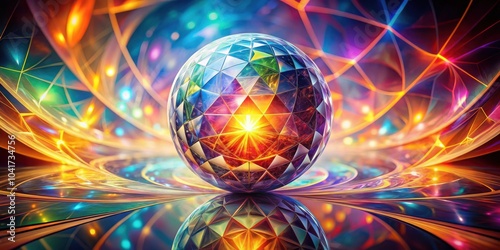 A radiant, multifaceted sphere sits atop a swirling, iridescent surface, with glowing lines and a burst of color emanating from its center.