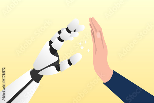 Working together with AI Artificial Intelligence, human cooperate with machine or robot, AI help or support coworker, assistance or partnership concept, businessman hand high five with robot hand