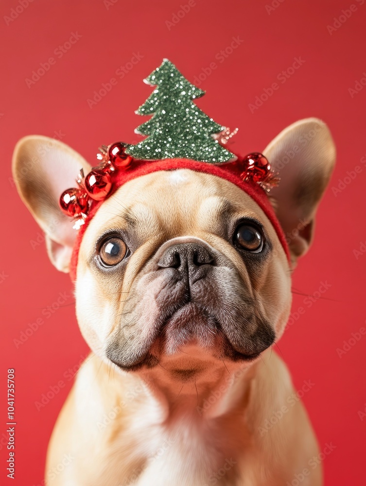 French Bulldog dog wearing Christmas tree headband on red background with generative ai French Bulldog dog wearing Christmas tree headband on red background with generative ai