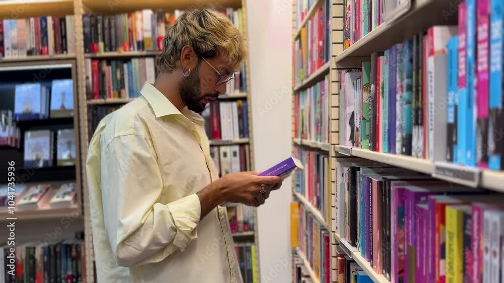 Young man is choosing a book in a bookstore Young man is choosing a book in a bookstore
