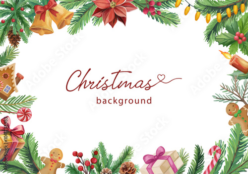 Christmas background with festive elemnts Winter flowers gingerbread gifts bells cones candle Christmas tree branch photo