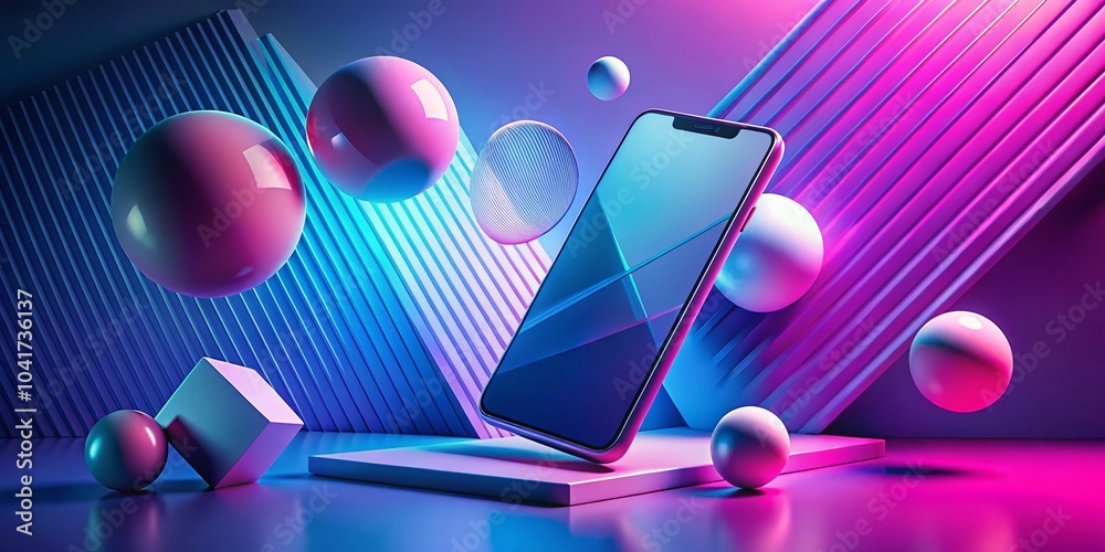 Abstract Gradient Blue and Pink Composition with Flying Geometric Objects and Smartphone on Modern Minimal Background Abstract Gradient Blue and Pink Composition with Flying Geometric Objects and Smartphone on Modern Minimal Background