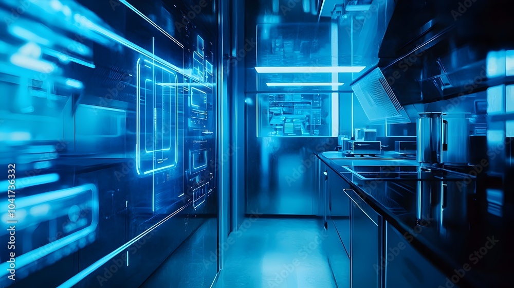 A sleek modern kitchen equipped with holographic cooking interfaces and virtual control panels showcasing the of advanced technology into domestic culinary spaces A sleek modern kitchen equipped with holographic cooking interfaces and virtual control panels showcasing the of advanced technology into domestic culinary spaces