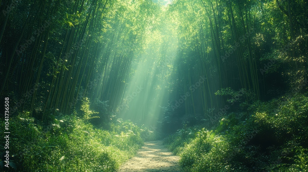 Obraz premium A bamboo forest with sunlight filtering through the leaves, creating a serene path