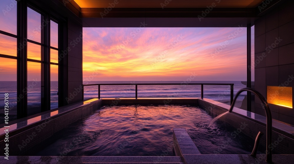 Fototapeta premium Serene Ocean View from Luxury Spa at Sunset