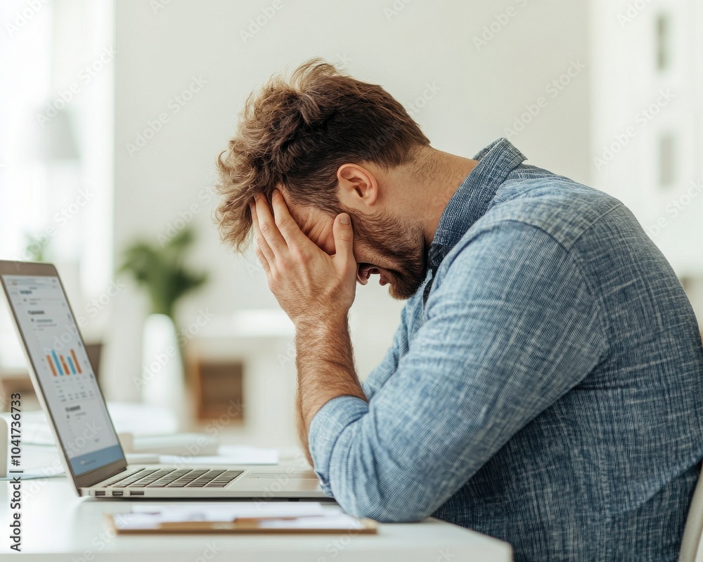 A frustrated man working at a computer, feeling overwhelmed by stress in a modern office environment. A frustrated man working at a computer, feeling overwhelmed by stress in a modern office environment.