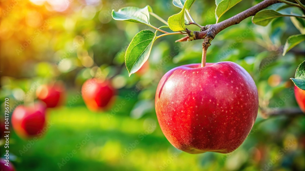 Red ripe apple on a branch in the garden with forced perspective Red ripe apple on a branch in the garden with forced perspective