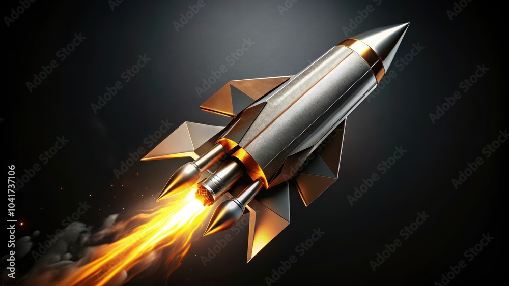 A futuristic rocket with a metallic body and gold accents blasts off into the night sky, leaving a trail of fiery exhaust behind it. A futuristic rocket with a metallic body and gold accents blasts off into the night sky, leaving a trail of fiery exhaust behind it.