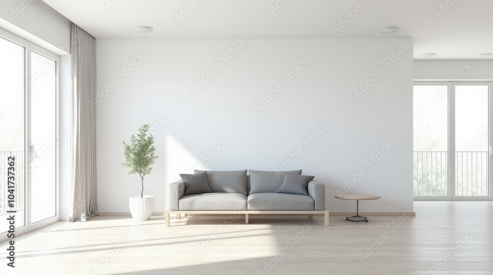 Modernes Wohnzimmer mit stilvoller, minimalistischer Einrichtung und gemütlichen Sofa Modernes Wohnzimmer mit stilvoller, minimalistischer Einrichtung und gemütlichen Sofa
