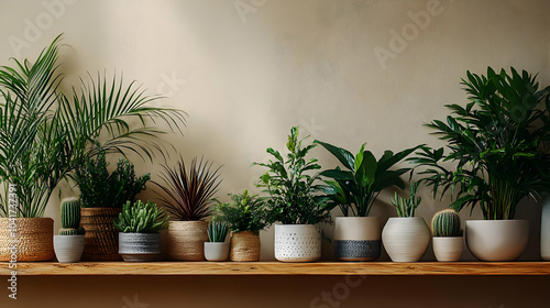 Indoor Plants on a Wooden Shelf with Natural Light