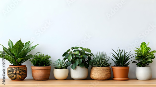 Indoor Plants in Pots on Shelf Against White Wall