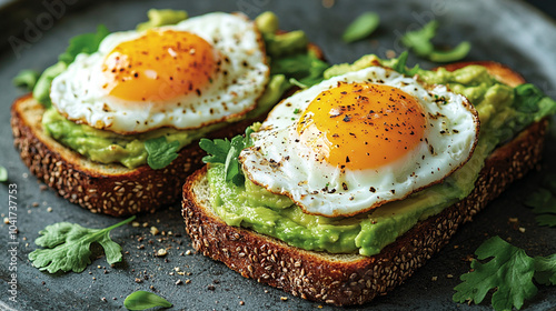 Slices of avocado toast topped with poached eggs, illustration of tasty and healthy food. Homemade food for vegetarians.