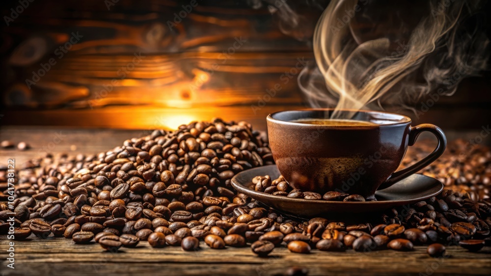 A steaming cup of coffee resting on a bed of roasted coffee beans, ready for a comforting and invigorating drink.