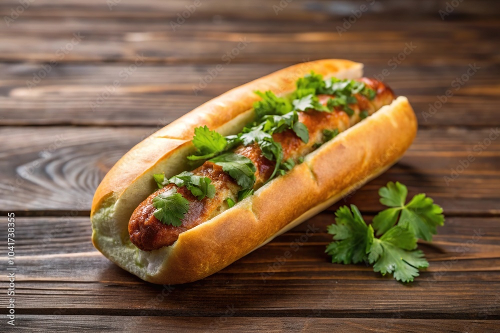 Blurred sausage bread with fresh green coriander leaf on rustic brown table background Blurred sausage bread with fresh green coriander leaf on rustic brown table background