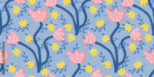  hand drawn flowers seamless pattern. Abstract floral background. Template for design, textile, fashion, surface design, fabric, interior decor, wallpaper