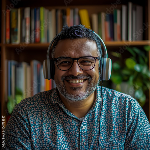 Middle-Aged Japanese Man Wearing Headphones, Smiling While Enjoying Music at Home with Bookshelf in Background.