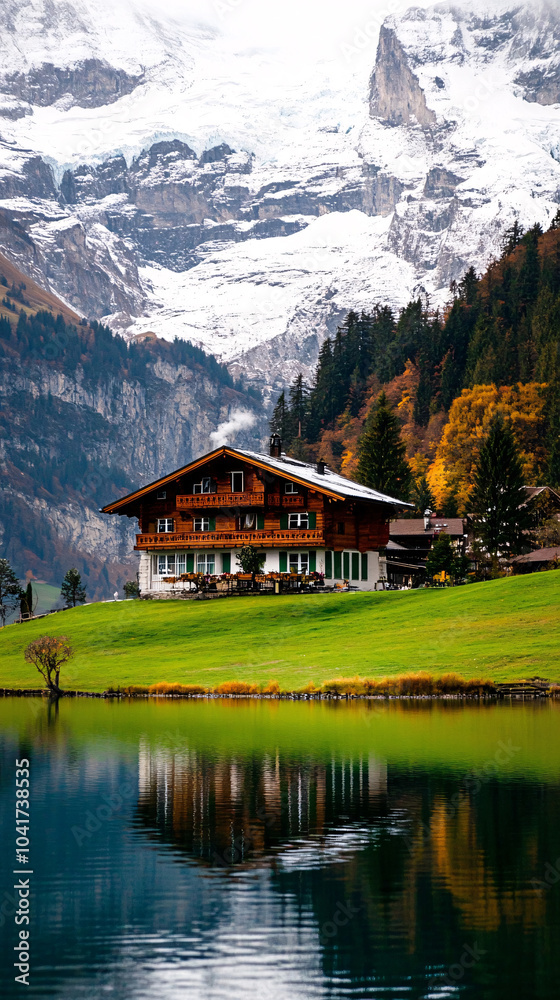Fototapeta premium Chalet near a lake, A lake house between the trees in breathtaking nature. The house in the greenery near the lake. Reflected on water. Country side, forest and lake with house. 