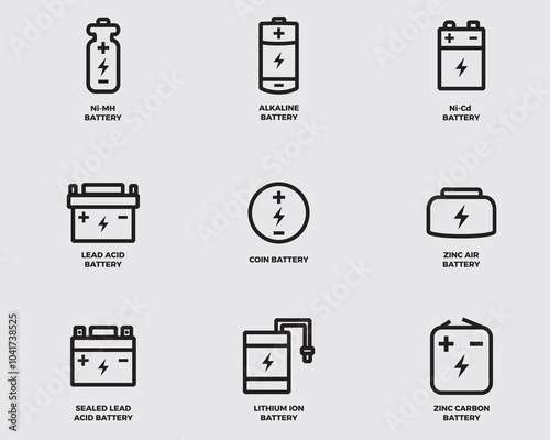 type of electric battery outline vector icon collection.metal battery pictogram symbol isolated on background