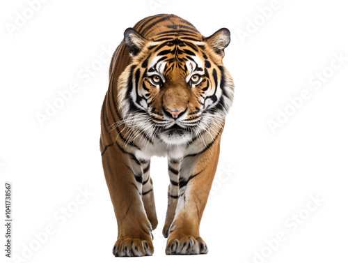 a tiger walking on a white background