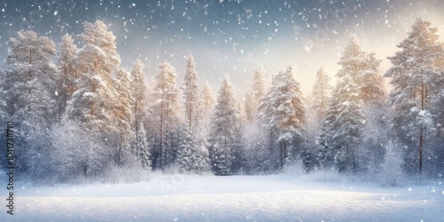 Scenic winter backdrop with snow-covered landscape, offering ample space for holiday greetings. Photo captured with volumetric lighting for a high-end magazine.