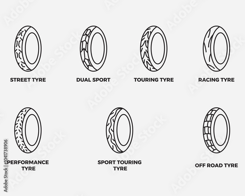 type of motorcyle tire outline icon collection .motorbike tyre symbol isolated on background