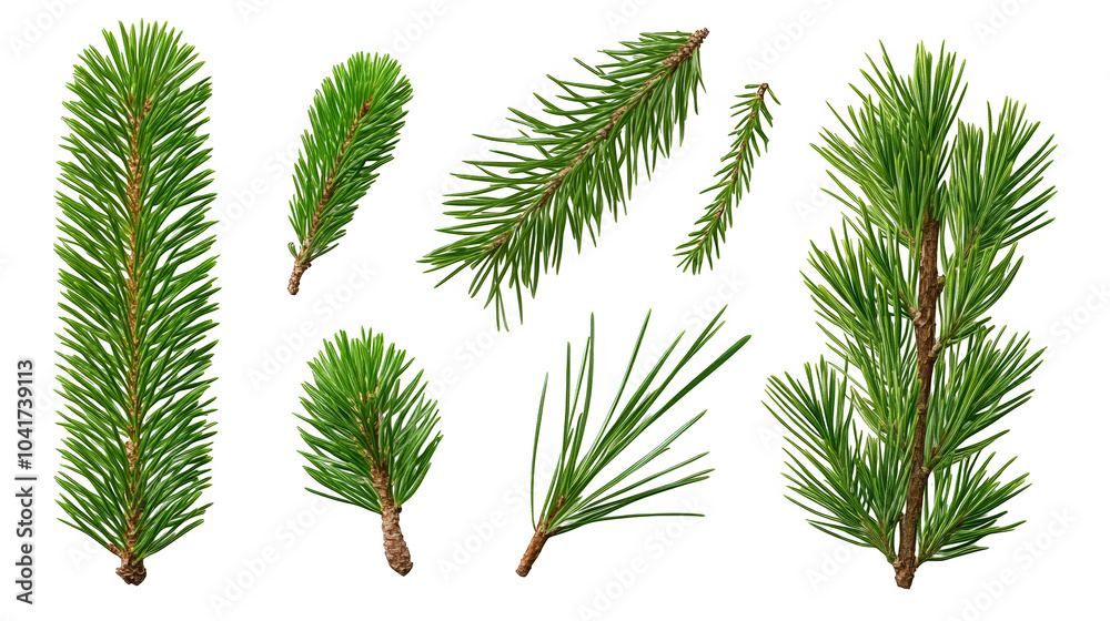 Various green pine tree branches against a black background, showcasing different shapes, sizes, and textures of pine needles and foliage. Various green pine tree branches against a black background, showcasing different shapes, sizes, and textures of pine needles and foliage.
