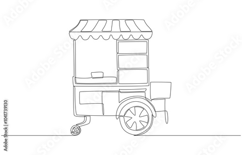 Continuous one line drawing of Thai street food cart, cart selling around, food booth at weekly market concept, single line art.