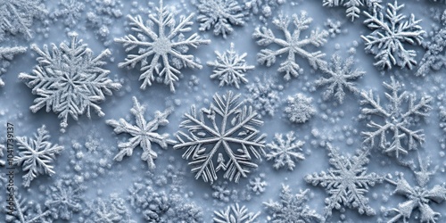 Silver background filled with winter snowflakes, creating a textured Christmas scene. Christmas illustration.