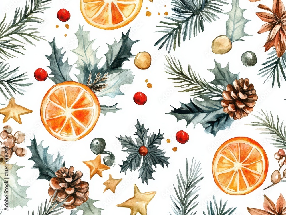 Pattern of watercolor Christmas illustrations. 8K illustration. Pattern of watercolor Christmas illustrations. 8K illustration.