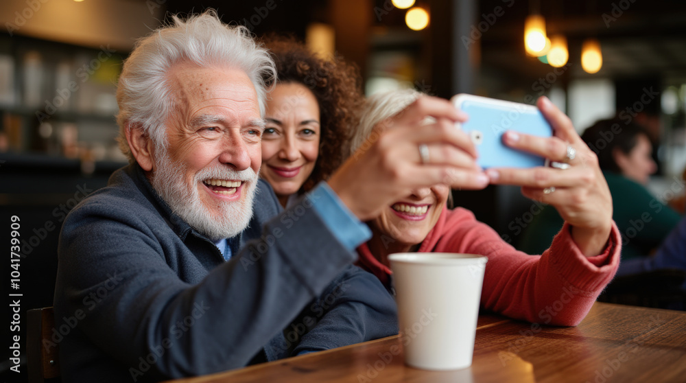 Ein glückliches älteres Paar entspannt sich in einem Café, sitzen an ihrem Platz und benutzen ein Smartphone Ein glückliches älteres Paar entspannt sich in einem Café, sitzen an ihrem Platz und benutzen ein Smartphone