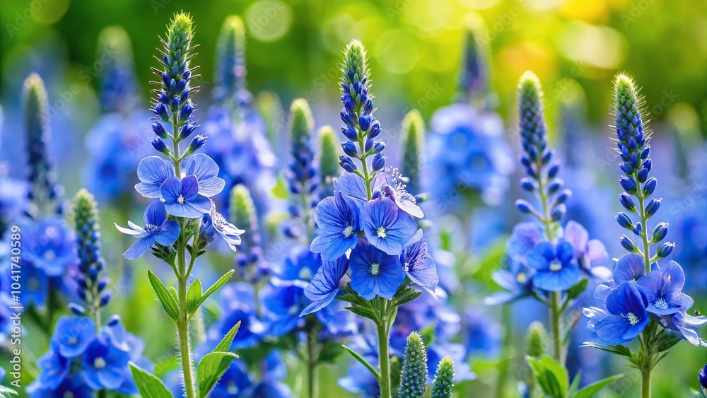 Blue flowers of speedwell Veronica longifolia in a garden Panoramic Blue flowers of speedwell Veronica longifolia in a garden Panoramic