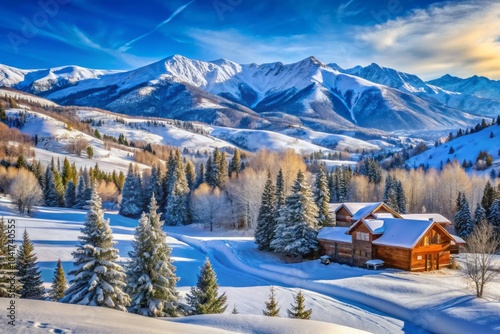 Serene Winter Wonderland at a Ski Resort in Utah with Snow-Capped Mountains and Scenic Views