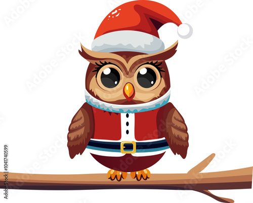 Cartoon Character of Owl Wearing Santa Hat Perched on Branch Element for Merry Christmas Festival.